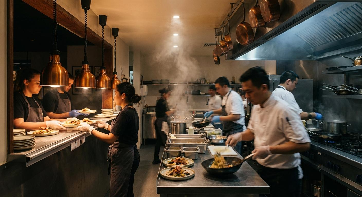 Cooks and service staff moving plated food through a busy restaurant kitchen